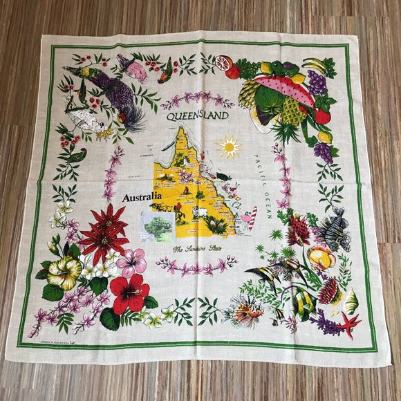 Vtg Queensland Australia Linen 50" Square Tablecloth Floral Tropical Colorful - Picture 1 of 6